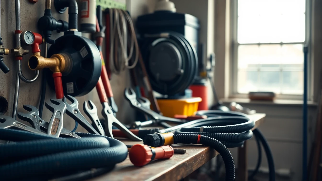 Plumbing tools and equipment on a workshop bench